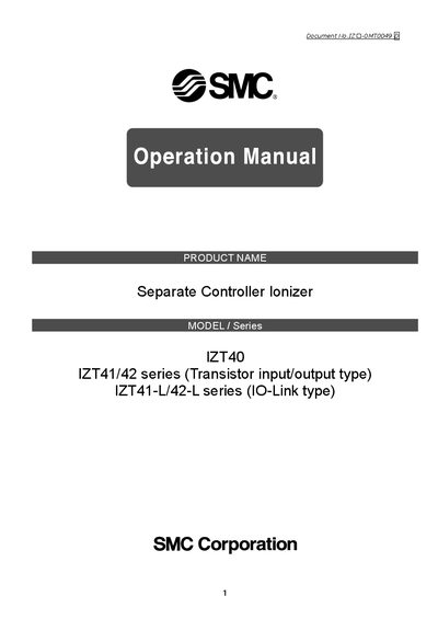 SMC IZT40 IZT41/42 Series Separate Controller Ionizer User Manual - cover page