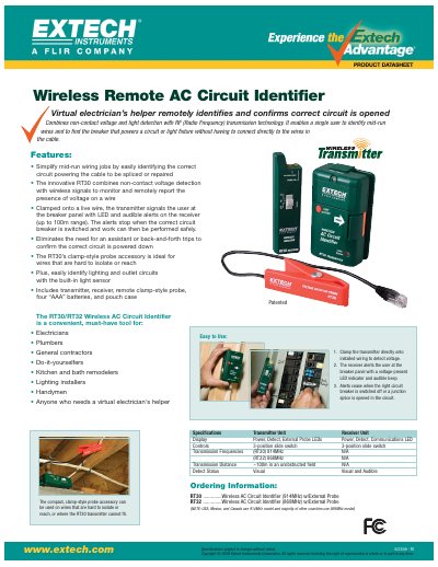 EXTECH RT30 Wireless Remote AC Circuit Identifier Product Datasheet - cover page