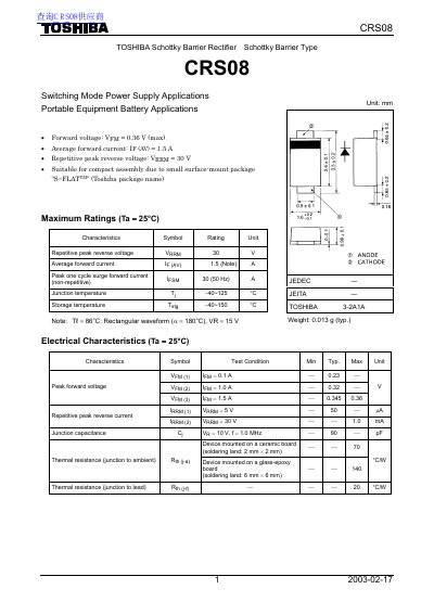 Toshiba CRS08 Schottky Barrier Rectifier Datasheet - cover page