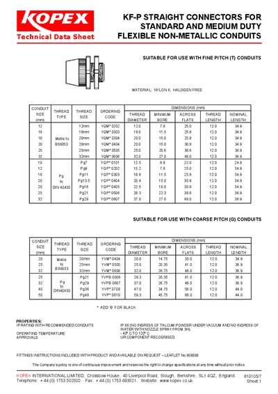 Kopex KF-P Straight Connectors Technical Data Sheet - cover page