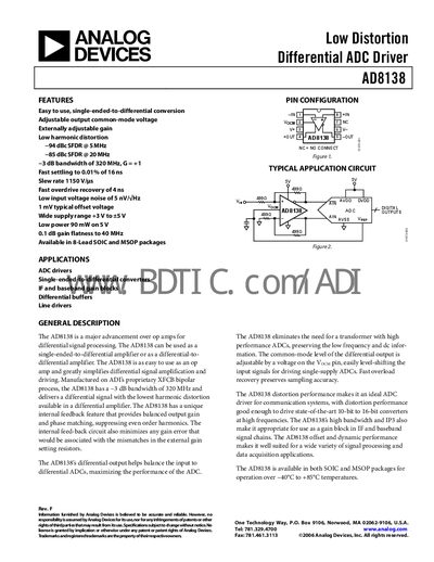Analog Devices AD8138 Low Distortion Differential ADC Driver Manual - cover page