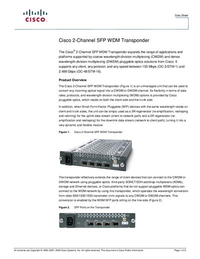 Cisco 2-Channel SFP WDM Transponder Datasheet - cover page