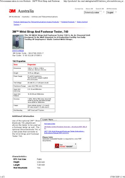3M 740 Wrist Strap and Footwear Tester Datasheet - cover page