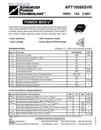 ADVANCED POWER TECHNOLOGY EUROPE APT10086SVR 1000V 13A 0.860 handbook - cover page