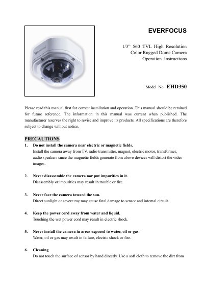 EverFocus EHD350 Color Rugged Dome Camera Operation Instructions - cover page
