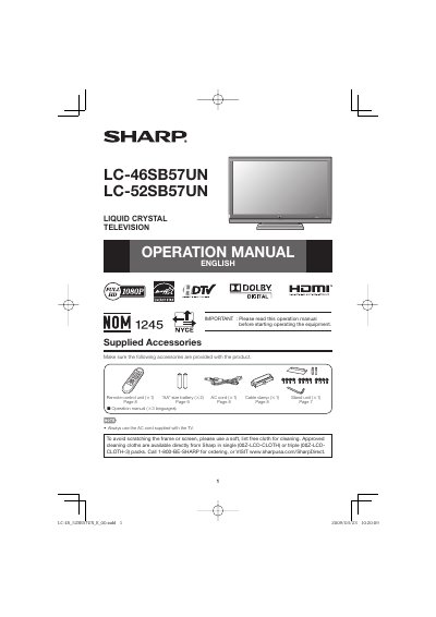 Sharp LC-46SB57UN/LC-52SB57UN Liquid Crystal Television Operation Manual - cover page