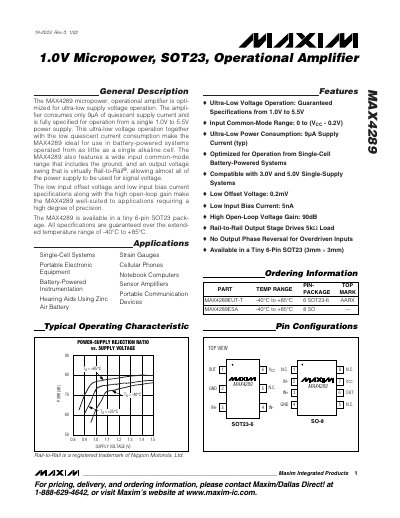 Maxim MAX4289 Micropower Operational Amplifier Datasheet - cover page