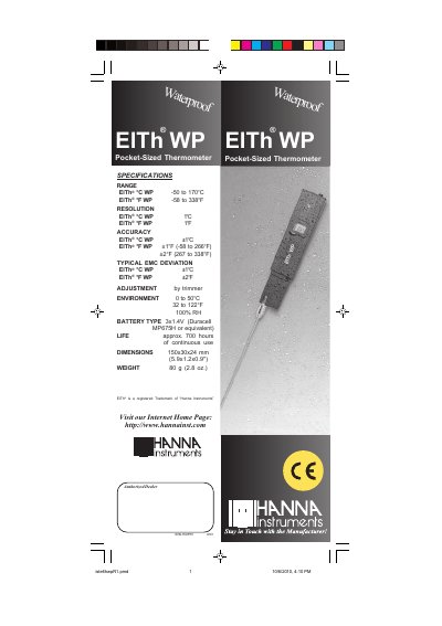 Hanna Instruments ElTh WP Pocket-Sized Thermometer User Manual - cover page