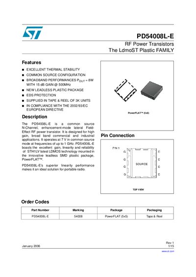 STMicroelectronics PD54008L-E RF Power Transistor Datasheet - cover page
