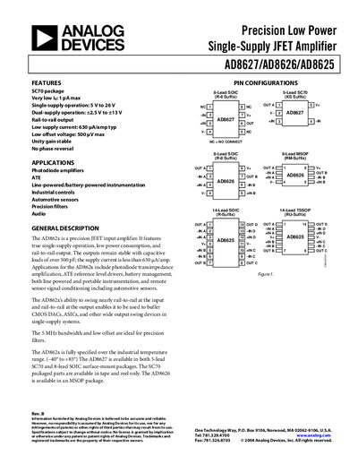 Analog Devices AD8627/AD8626/AD8625 Precision Low Power Single-Supply JFET Amplifier Handbook