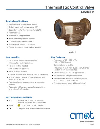AMOT Model B Thermostatic Control Valve Datasheet - cover page