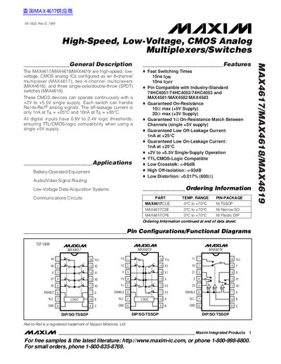 Maxim MAX4617/MAX4618/MAX4619 Analog Multiplexers/Switches Datasheet - cover page