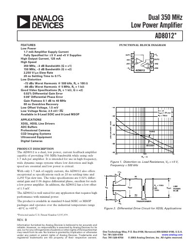 Analog Devices AD8012 Datasheet - cover page