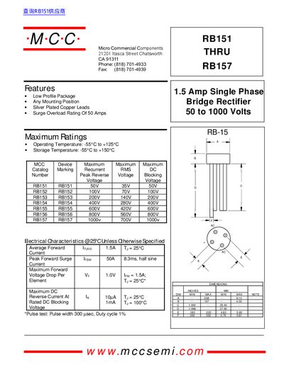 MCC RB151 thru RB157 Bridge Rectifier Datasheet - cover page