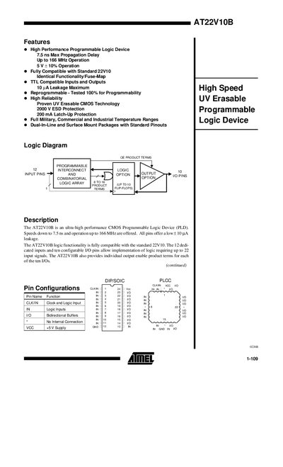 Atmel AT22V10B Programmable Logic Device Datasheet - cover page