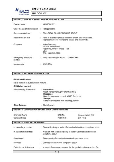 Nalco 1071 Safety Data Sheet - cover page
