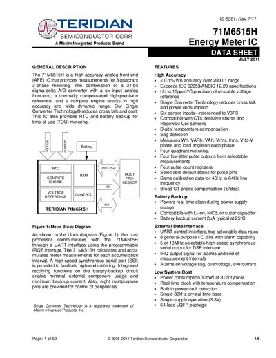Teridian 71M6515H Energy Meter IC Datasheet - cover page