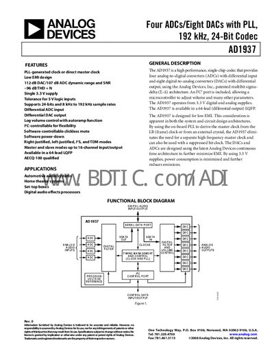 Analog Devices AD1937 Codec Datasheet - cover page