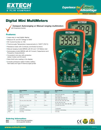 Extech MN35/MN36 Digital Mini MultiMeters User Guide - cover page