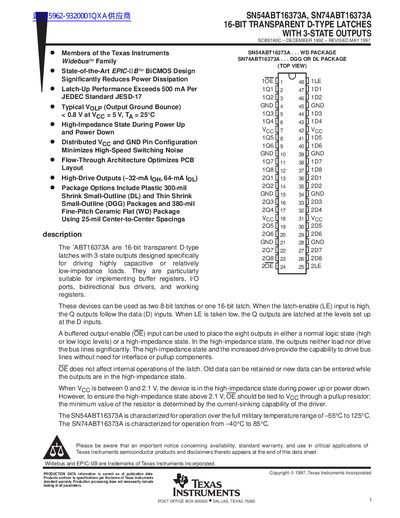 Texas Instruments SN54ABT16373A/SN74ABT16373A 16-Bit Transparent D-Type Latches with 3-State Outputs Datasheet - cover page