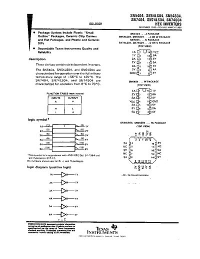 Texas Instruments SN5404, SN7404 Hex Inverters Datasheet - cover page