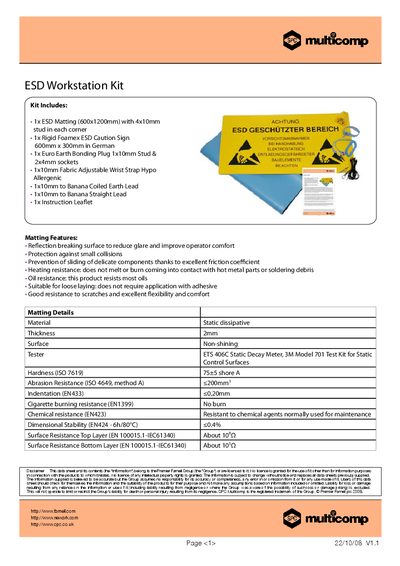 MULTICOMP ESD Workstation Kit Product Leaflet - cover page