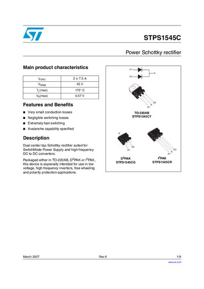 STMicroelectronics STPS1545C Schottky Rectifier Datasheet - cover page