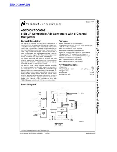National Semiconductor ADC0808/ADC0809 8-Bit P Compatible A/D Converters with 8-Channel Multiplexer handbook - cover page