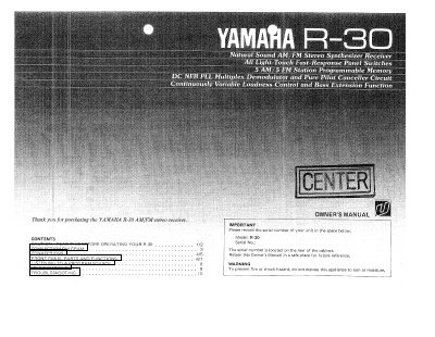 Yamaha R-30 Stereo Receiver Owner's Manual - cover page