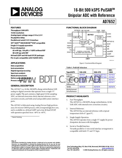 Analog Devices AD7652 ADC Datasheet - cover page