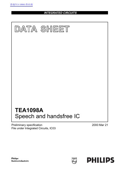Philips TEA1098A Speech and handsfree IC Datasheet
