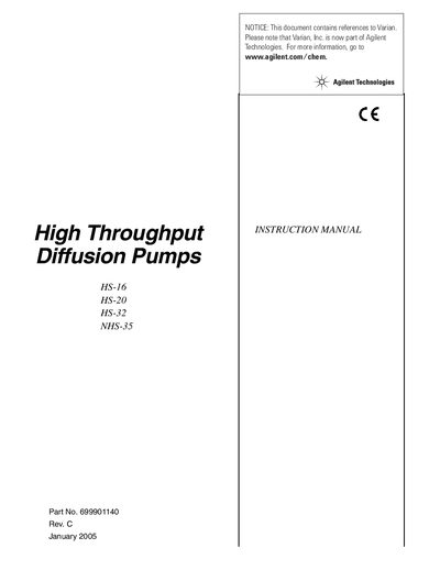 Agilent High Throughput Diffusion Pumps HS-16 HS-20 HS-32 NHS-35 Instruction Manual - cover page