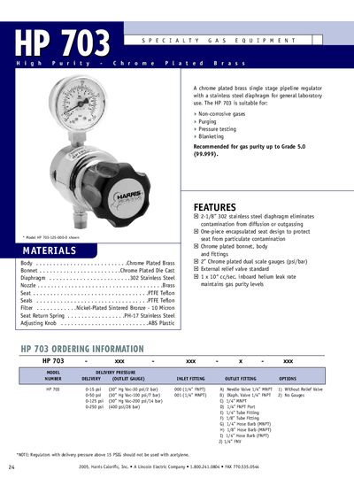 Harris Calorific HP 703 Specialty Gas Equipment Product Data Sheet - cover page