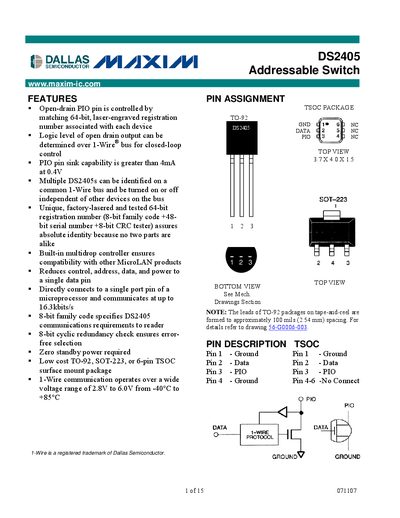 Maxim DS2405 Addressable Switch Datasheet - cover page