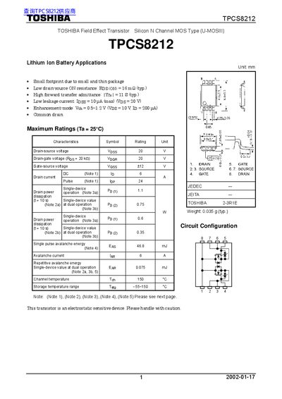 Toshiba TPCS8212 MOSFET Datasheet - cover page