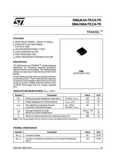 STMicroelectronics SMAJ5.0A-TR Transil Diode Datasheet - cover page