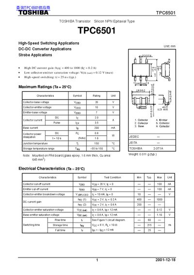 Toshiba TPC6501 NPN Transistor Datasheet - cover page