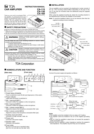 TOA CA-115/130/160 Car Amplifier Instruction Manual - cover page