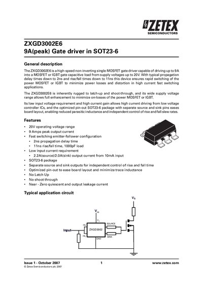 ZETEX ZXGD3002E6 9A(peak) Gate driver in SOT23-6 Manual - cover page
