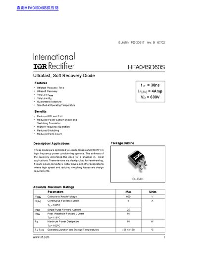 International Rectifier HFA04SD60S Ultrafast Soft Recovery Diode Datasheet - cover page