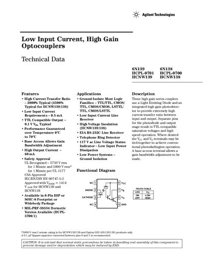 Agilent 6N139/6N138 Optocouplers Technical Data - cover page