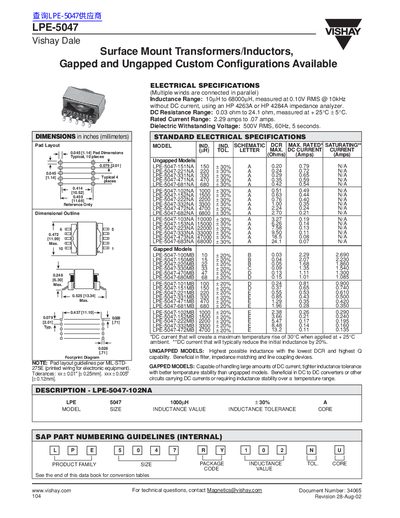 Vishay LPE-5047 Surface Mount Transformer/Inductor Datasheet - cover page