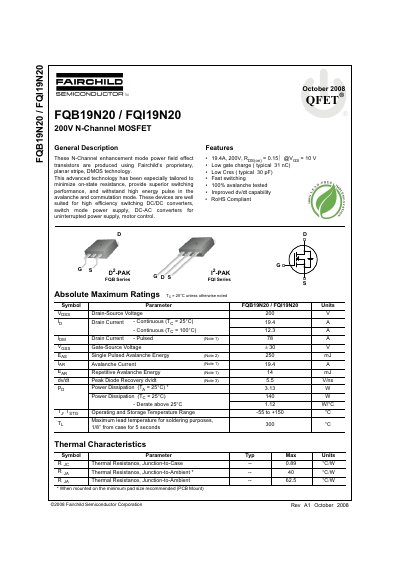 Fairchild FQB19N20/FQI19N20 200V N-Channel MOSFET Datasheet