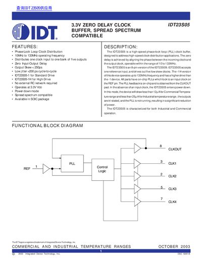 IDT IDT23S05 3.3V Zero Delay Clock Buffer Datasheet