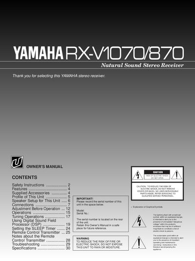 Yamaha RX-V1070/870 Natural Sound Stereo Receiver Owner's Manual