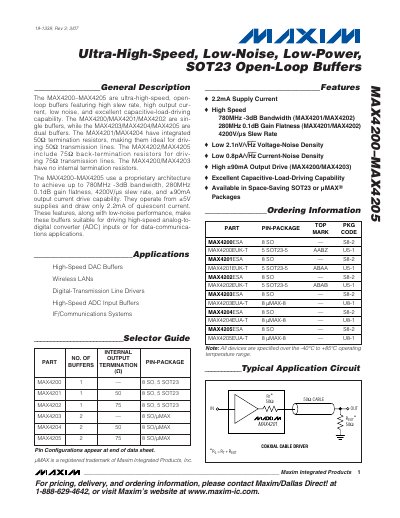 Maxim MAX4200-MAX4205 Ultra-High-Speed Low-Noise Low-Power SOT23 Open-Loop Buffers Datasheet - cover page