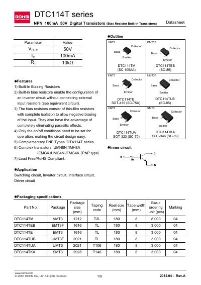 ROHM DTC114TE Datasheet - cover page