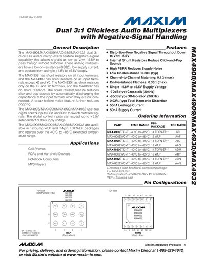 Maxim MAX4908/MAX4909/MAX4930/MAX4932 Dual 3:1 Clickless Audio Multiplexers with Negative-Signal Handling Handbook - cover page