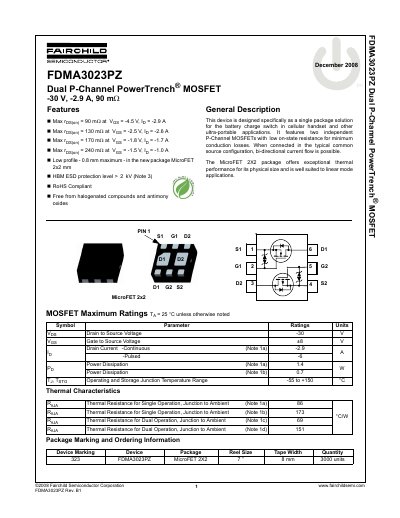 Fairchild Semiconductor FDMA3023PZ Dual P-Channel MOSFET Datasheet - cover page