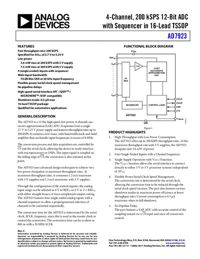 Analog Devices AD7923 12‑Bit ADC Datasheet - cover page